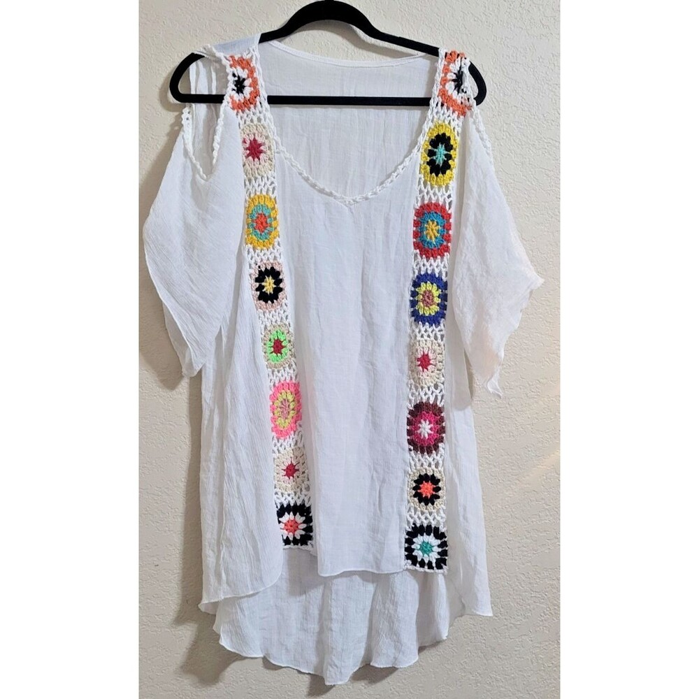 Womens Tunic Swim Cover Up Dress Sz Small Granny Square Crocheted Boho Hippie